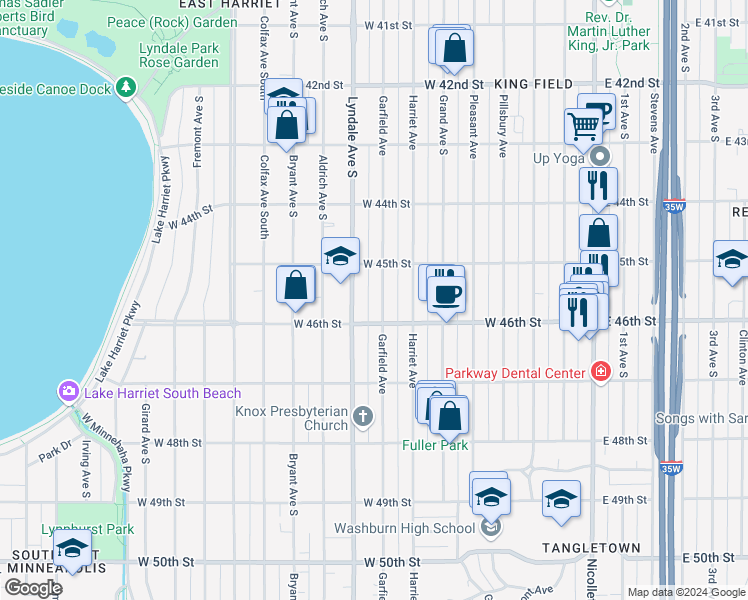 map of restaurants, bars, coffee shops, grocery stores, and more near 4525 Lyndale Avenue South in Minneapolis