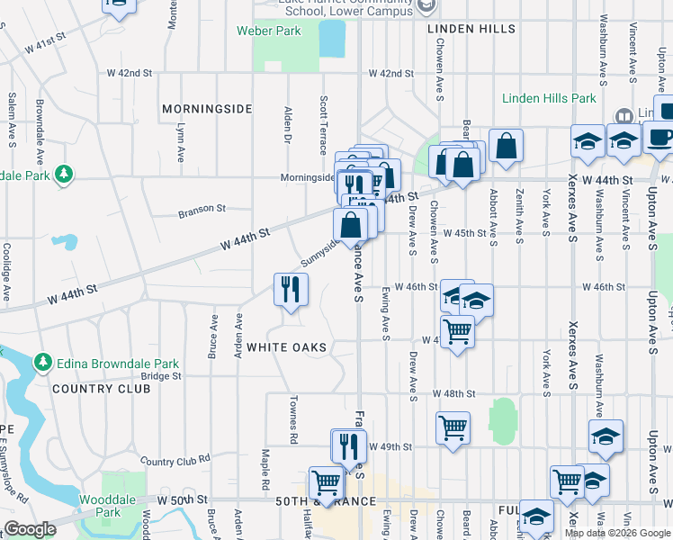 map of restaurants, bars, coffee shops, grocery stores, and more near 4532 France Avenue South in Edina