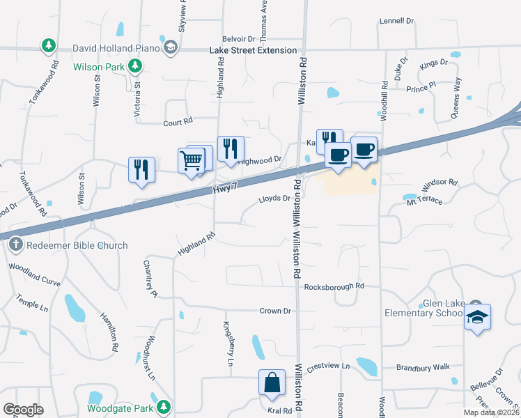 map of restaurants, bars, coffee shops, grocery stores, and more near 14821 Lloyds Drive in Minnetonka