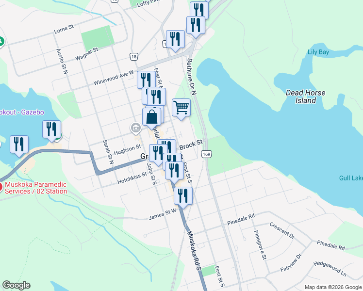 map of restaurants, bars, coffee shops, grocery stores, and more near 210 Brock Street in Gravenhurst