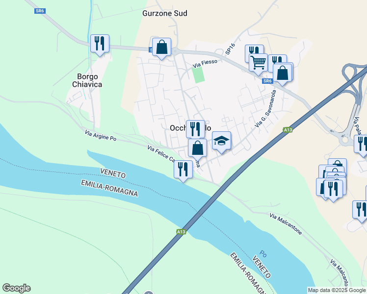map of restaurants, bars, coffee shops, grocery stores, and more near 33 Via Felice Cavallotti in Occhiobello