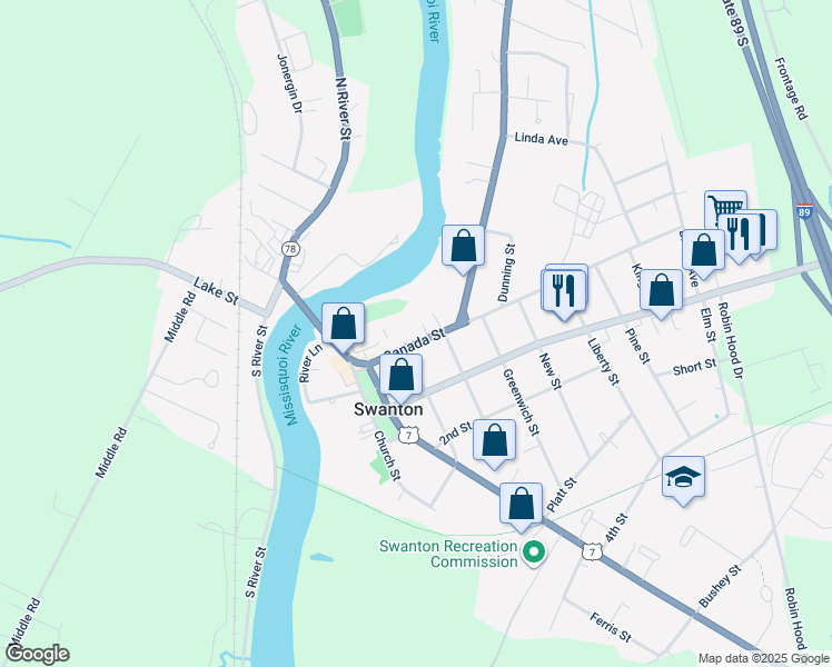 map of restaurants, bars, coffee shops, grocery stores, and more near 25 Canada Street in Swanton
