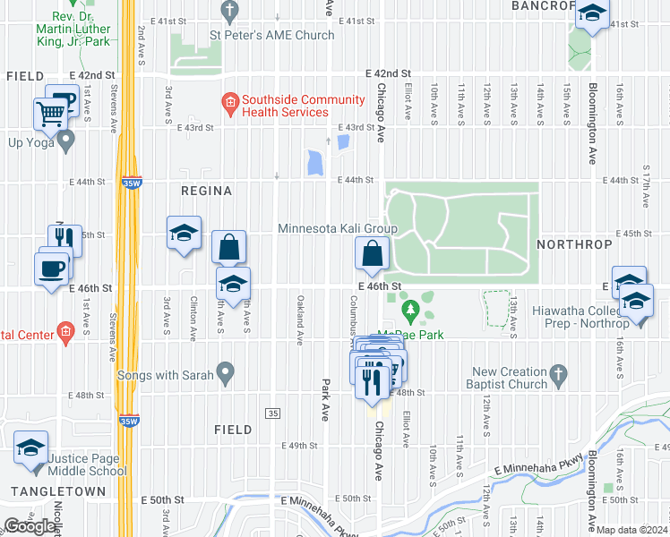 map of restaurants, bars, coffee shops, grocery stores, and more near 4541 Park Avenue South in Minneapolis