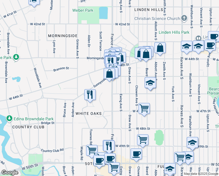 map of restaurants, bars, coffee shops, grocery stores, and more near 4532 France Avenue South in Minneapolis