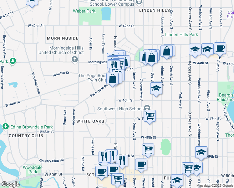 map of restaurants, bars, coffee shops, grocery stores, and more near 4525 France Avenue South in Minneapolis