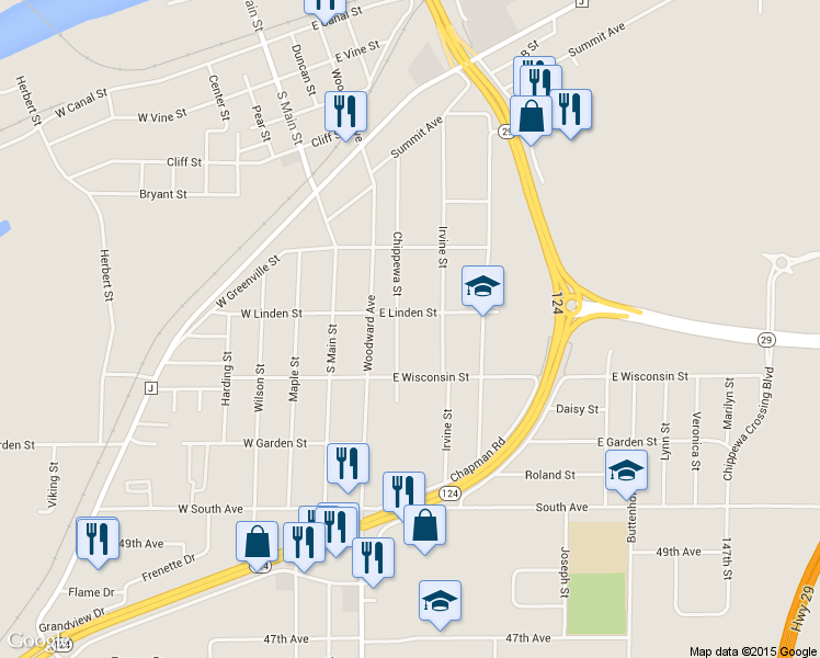 map of restaurants, bars, coffee shops, grocery stores, and more near 609 Chippewa Street in Chippewa Falls