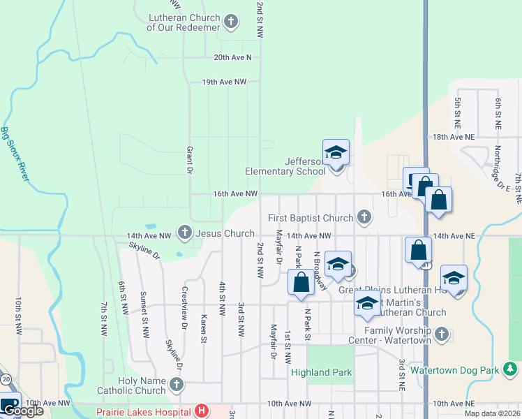 map of restaurants, bars, coffee shops, grocery stores, and more near 1526 2nd Street West in Watertown