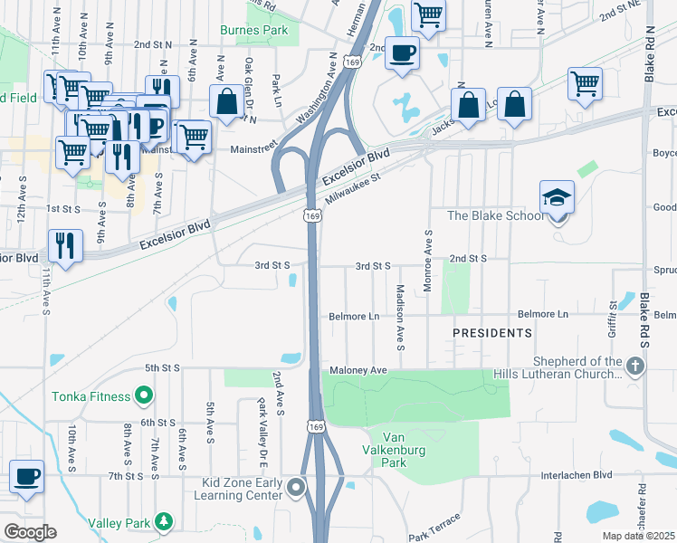 map of restaurants, bars, coffee shops, grocery stores, and more near 300 Adams Avenue in Hopkins