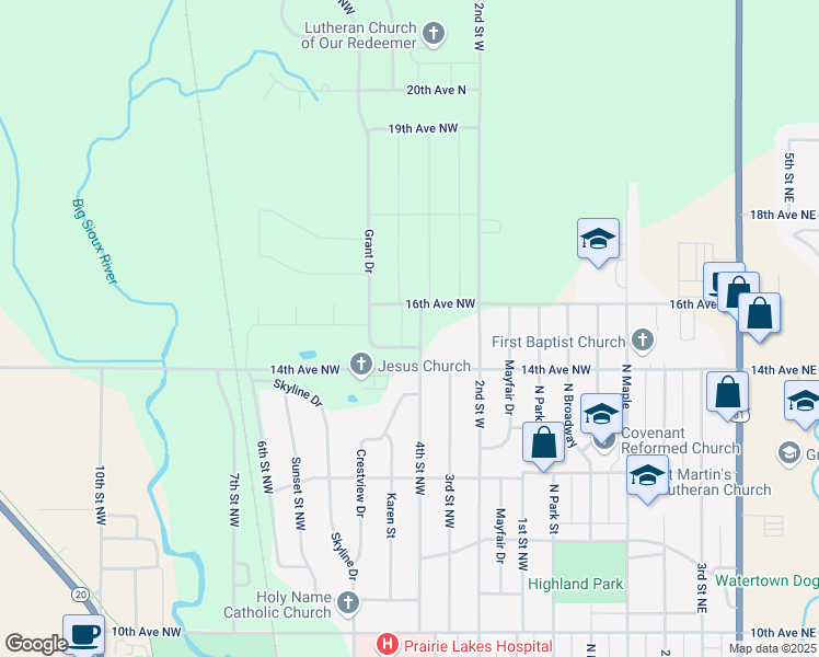 map of restaurants, bars, coffee shops, grocery stores, and more near I-29 U.S. 212 in Watertown