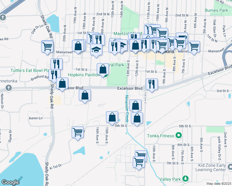 map of restaurants, bars, coffee shops, grocery stores, and more near 10903 Excelsior Boulevard in Hopkins