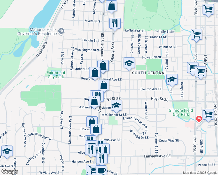 map of restaurants, bars, coffee shops, grocery stores, and more near 362 Jerris Avenue Southeast in Salem