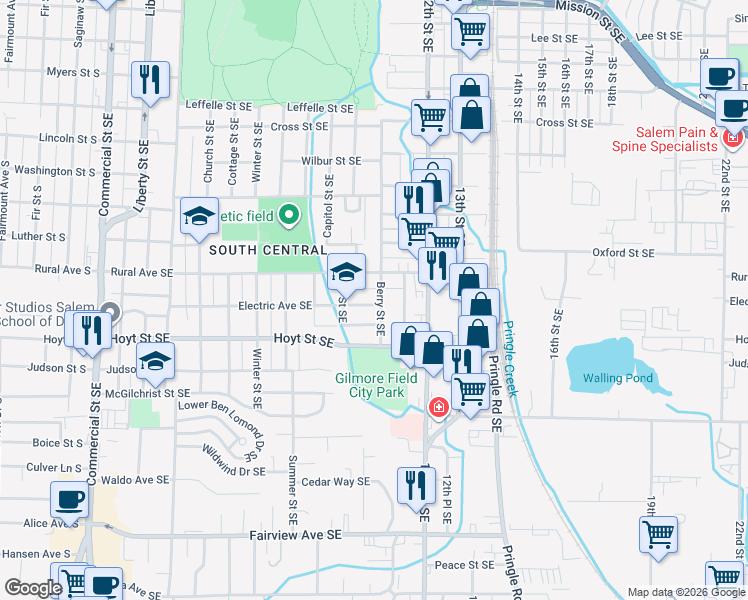map of restaurants, bars, coffee shops, grocery stores, and more near 2075 Berry Street Southeast in Salem