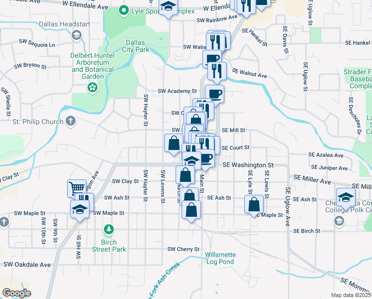 map of restaurants, bars, coffee shops, grocery stores, and more near 171 Southwest Court Street in Dallas