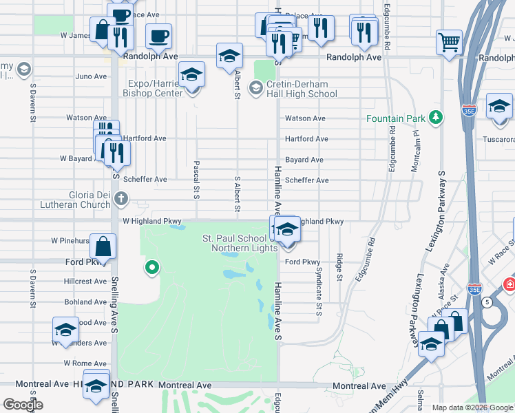 map of restaurants, bars, coffee shops, grocery stores, and more near 1354 Eleanor Avenue in Saint Paul