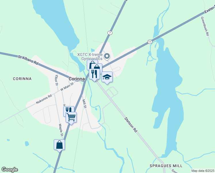 map of restaurants, bars, coffee shops, grocery stores, and more near 42 Stetson Road in Corinna