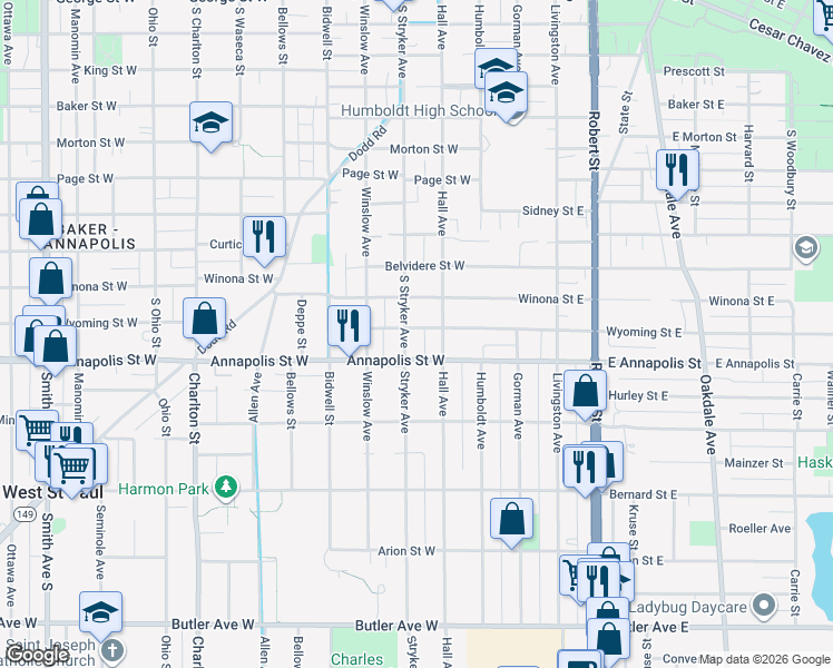 map of restaurants, bars, coffee shops, grocery stores, and more near 853 Hall Avenue in Saint Paul