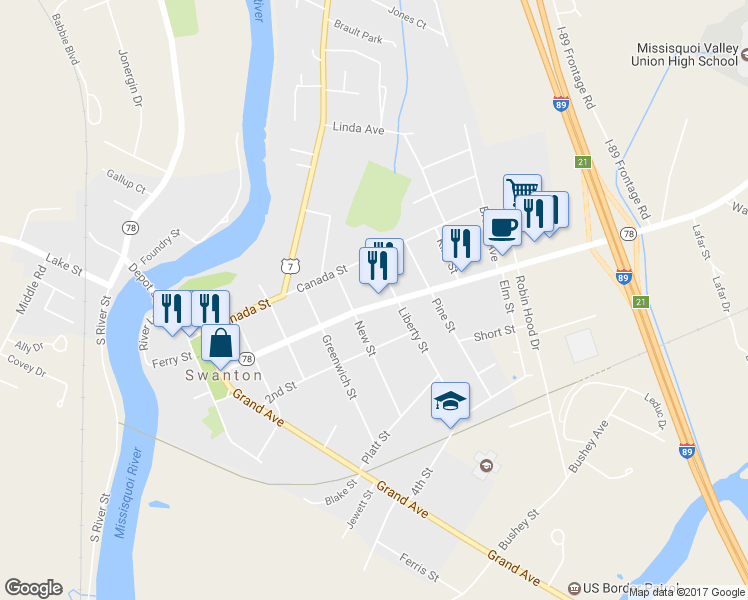 map of restaurants, bars, coffee shops, grocery stores, and more near 71 1st Street in Swanton