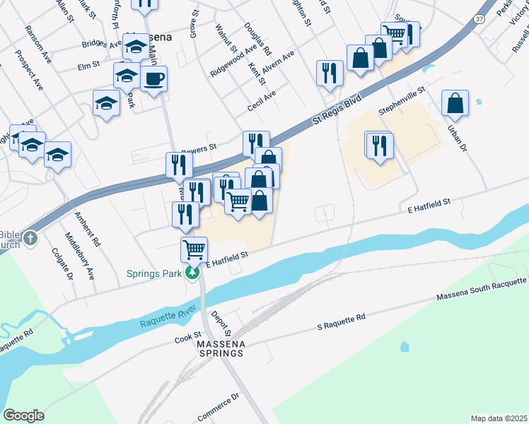 map of restaurants, bars, coffee shops, grocery stores, and more near 21 Romeo Avenue in Massena