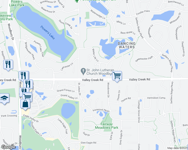 map of restaurants, bars, coffee shops, grocery stores, and more near 10753 Falling Water Lane in Woodbury