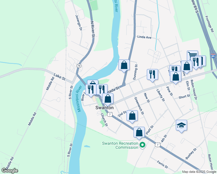 map of restaurants, bars, coffee shops, grocery stores, and more near 25 Canada Street in Swanton
