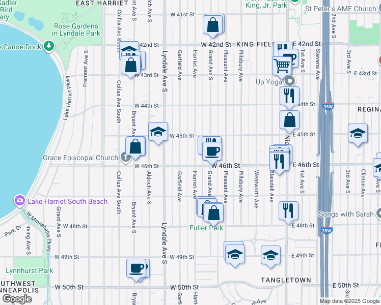 map of restaurants, bars, coffee shops, grocery stores, and more near 4525 Garfield Avenue in Minneapolis