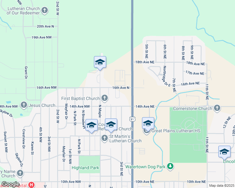 map of restaurants, bars, coffee shops, grocery stores, and more near 236 16th Avenue North in Watertown