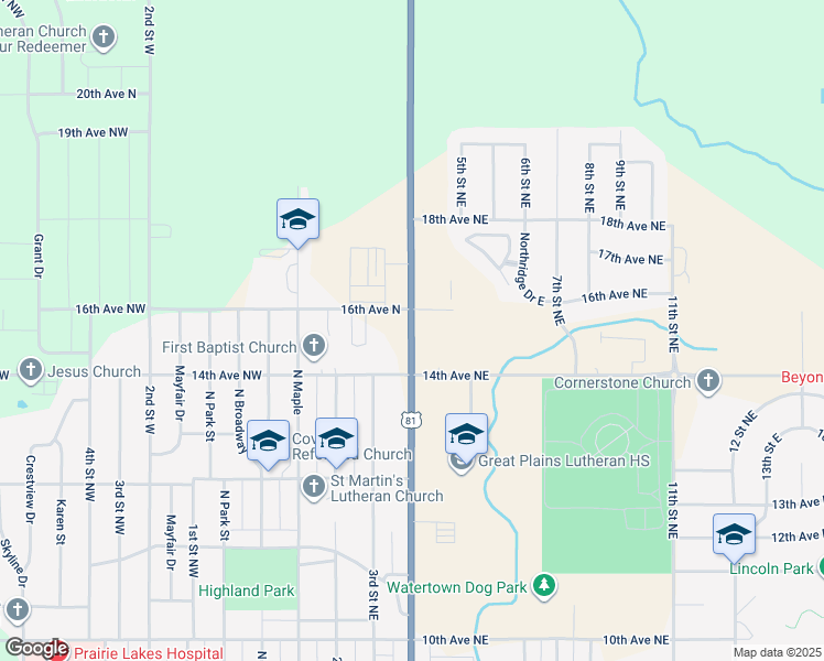 map of restaurants, bars, coffee shops, grocery stores, and more near 1508 4th Street Northeast in Watertown