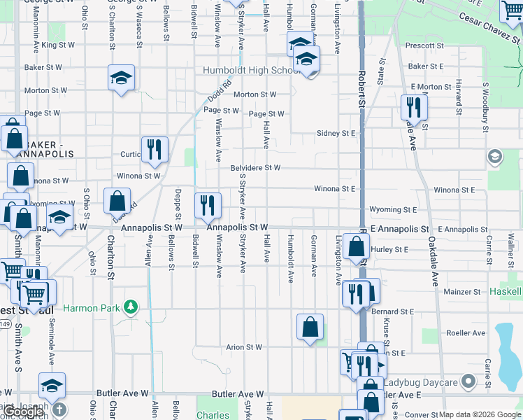 map of restaurants, bars, coffee shops, grocery stores, and more near 853 Hall Avenue in Saint Paul