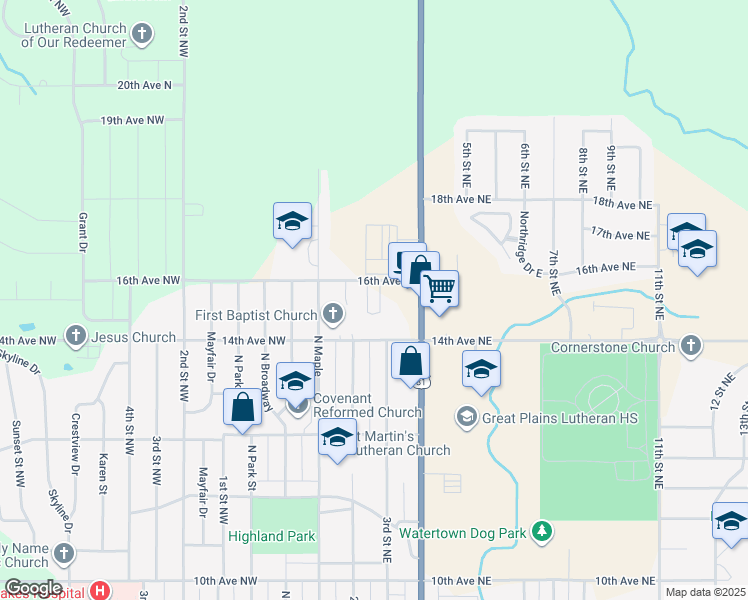 map of restaurants, bars, coffee shops, grocery stores, and more near 236 16th Avenue North in Watertown