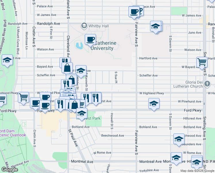 map of restaurants, bars, coffee shops, grocery stores, and more near 1916 Eleanor Avenue in Saint Paul