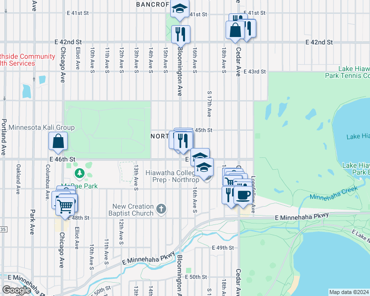 map of restaurants, bars, coffee shops, grocery stores, and more near 4535 Bloomington Avenue in Minneapolis