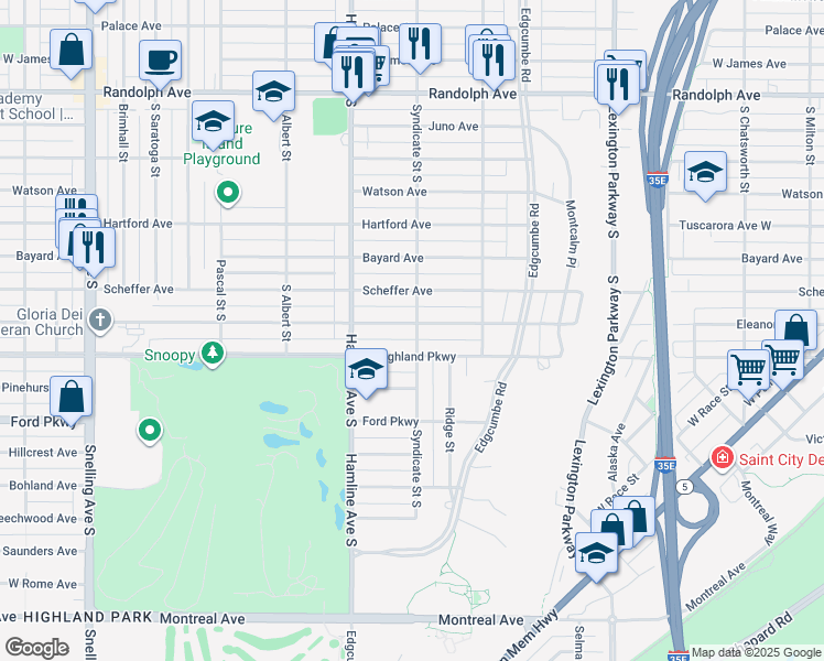 map of restaurants, bars, coffee shops, grocery stores, and more near 1280 Eleanor Avenue in Saint Paul