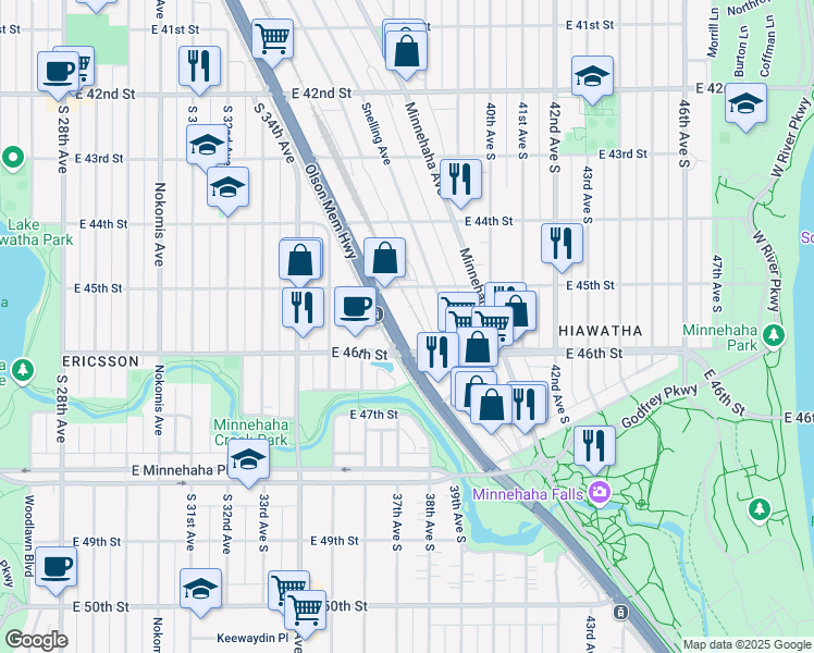 map of restaurants, bars, coffee shops, grocery stores, and more near 4547 Hiawatha Avenue in Minneapolis
