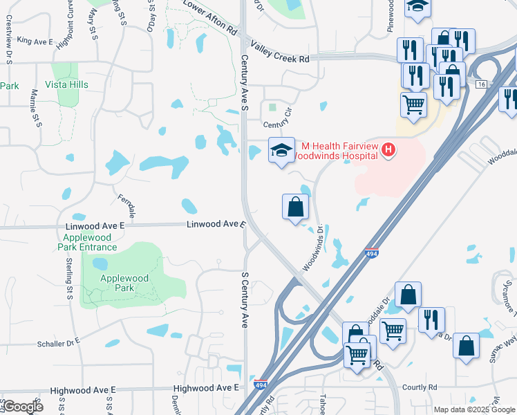 map of restaurants, bars, coffee shops, grocery stores, and more near 1965 Century Avenue South in Woodbury