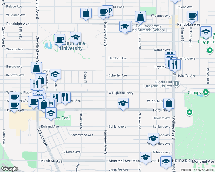 map of restaurants, bars, coffee shops, grocery stores, and more near 1816 Eleanor Avenue in Saint Paul