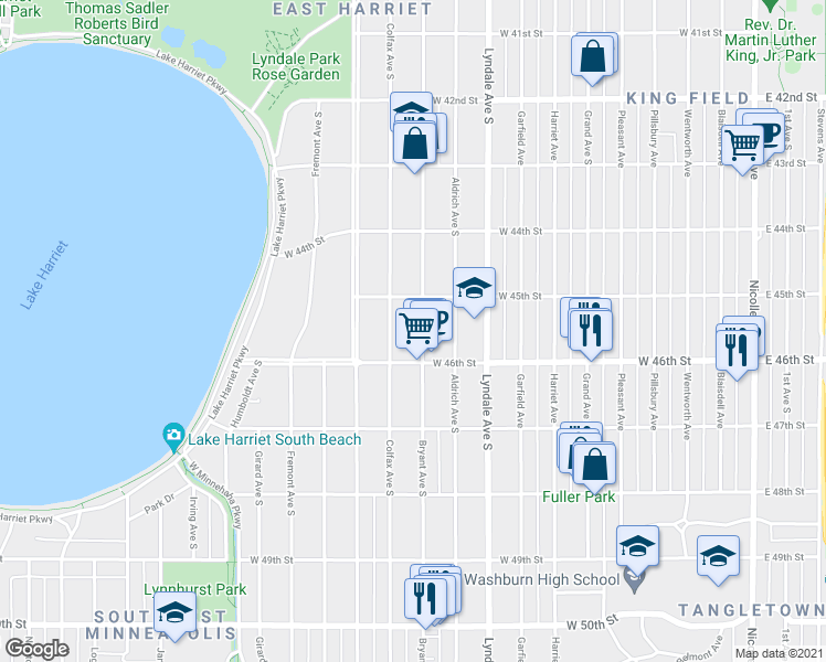 map of restaurants, bars, coffee shops, grocery stores, and more near 4528 Bryant Avenue South in Minneapolis