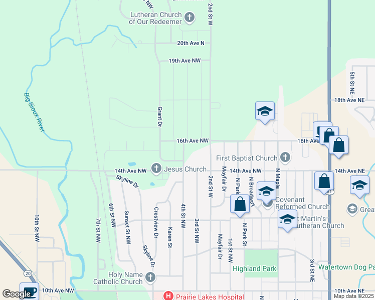 map of restaurants, bars, coffee shops, grocery stores, and more near I-29 U.S. 212 in Watertown