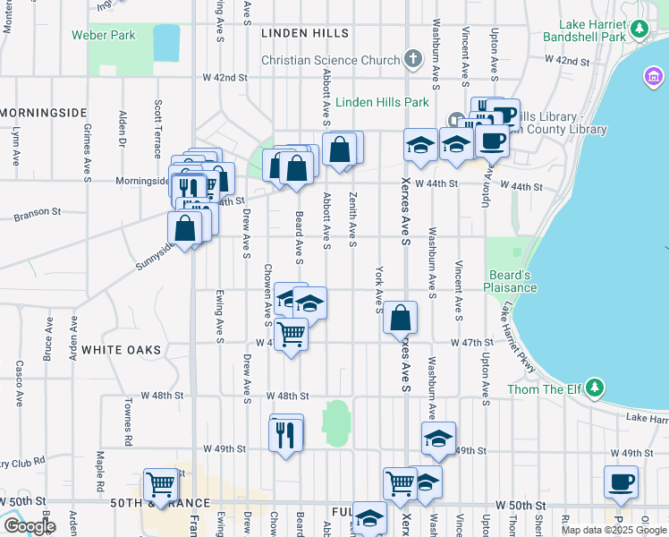 map of restaurants, bars, coffee shops, grocery stores, and more near 4533 Abbott Ave S in Minneapolis