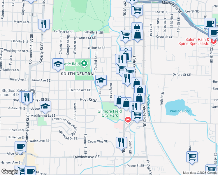 map of restaurants, bars, coffee shops, grocery stores, and more near 2075 Berry Street Southeast in Salem