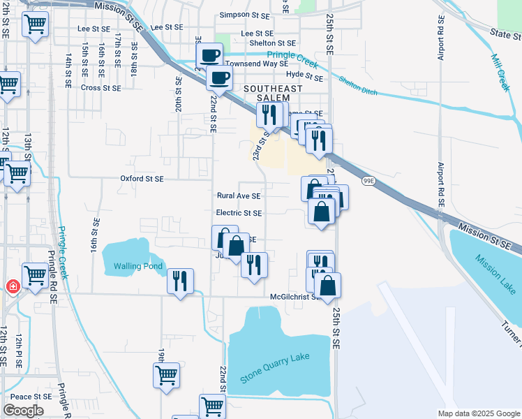 map of restaurants, bars, coffee shops, grocery stores, and more near 2295 Electric Street Southeast in Salem