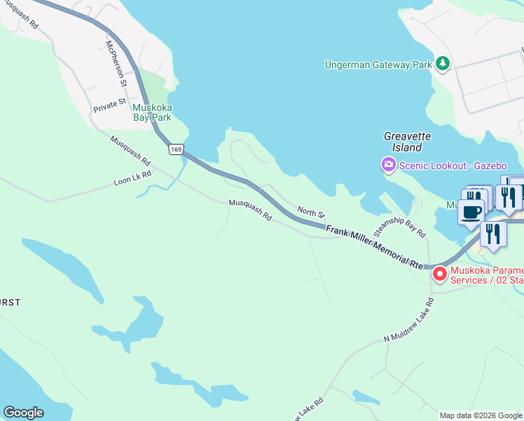 map of restaurants, bars, coffee shops, grocery stores, and more near 240 Musquash Road in Gravenhurst