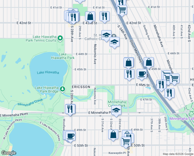 map of restaurants, bars, coffee shops, grocery stores, and more near 4533 Nokomis Avenue in Minneapolis