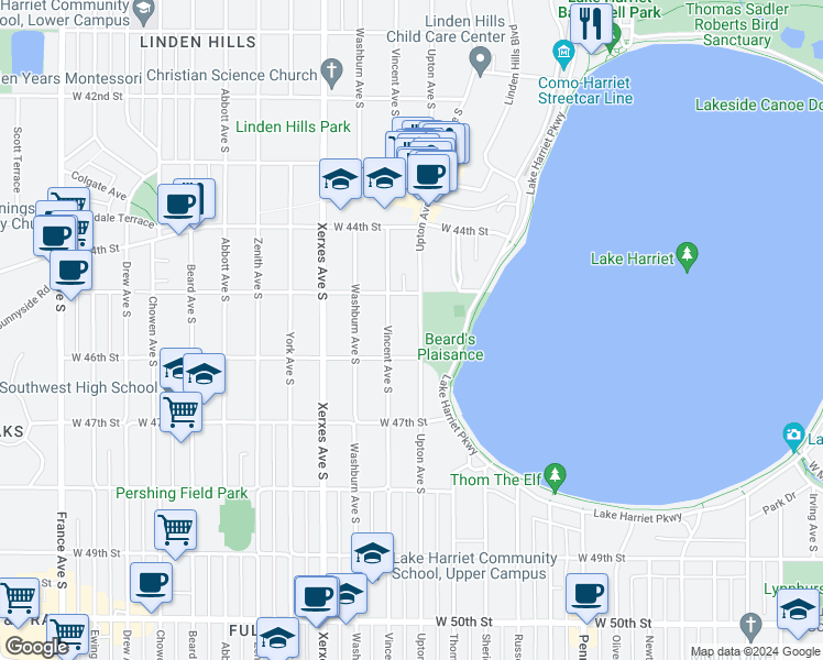 map of restaurants, bars, coffee shops, grocery stores, and more near 4532 Upton Avenue South in Minneapolis