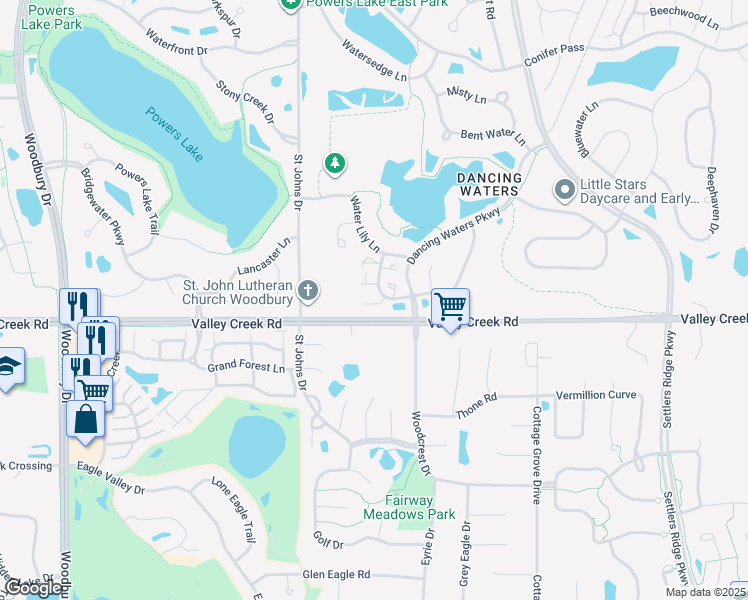 map of restaurants, bars, coffee shops, grocery stores, and more near 10753 Falling Water Lane in Woodbury