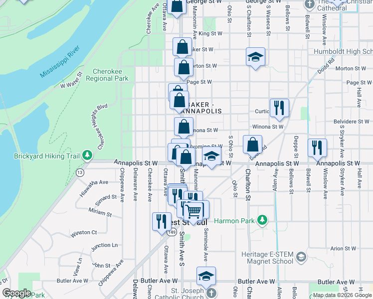 map of restaurants, bars, coffee shops, grocery stores, and more near 849 Smith Avenue South in Saint Paul