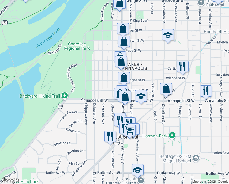 map of restaurants, bars, coffee shops, grocery stores, and more near 847 Ottawa Avenue in Saint Paul