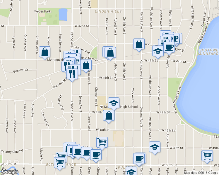 map of restaurants, bars, coffee shops, grocery stores, and more near 4528 Beard Avenue South in Minneapolis