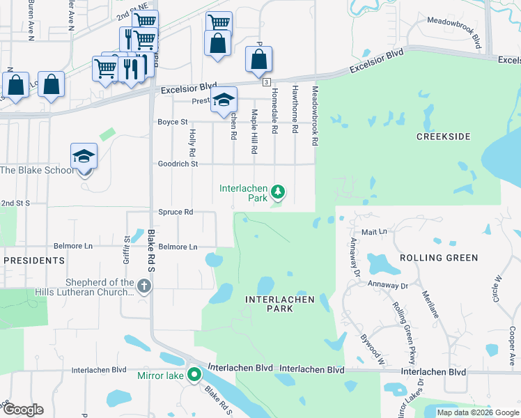 map of restaurants, bars, coffee shops, grocery stores, and more near 255 Maple Hill Road in Hopkins