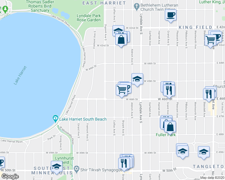 map of restaurants, bars, coffee shops, grocery stores, and more near 4528 Colfax Avenue South in Minneapolis