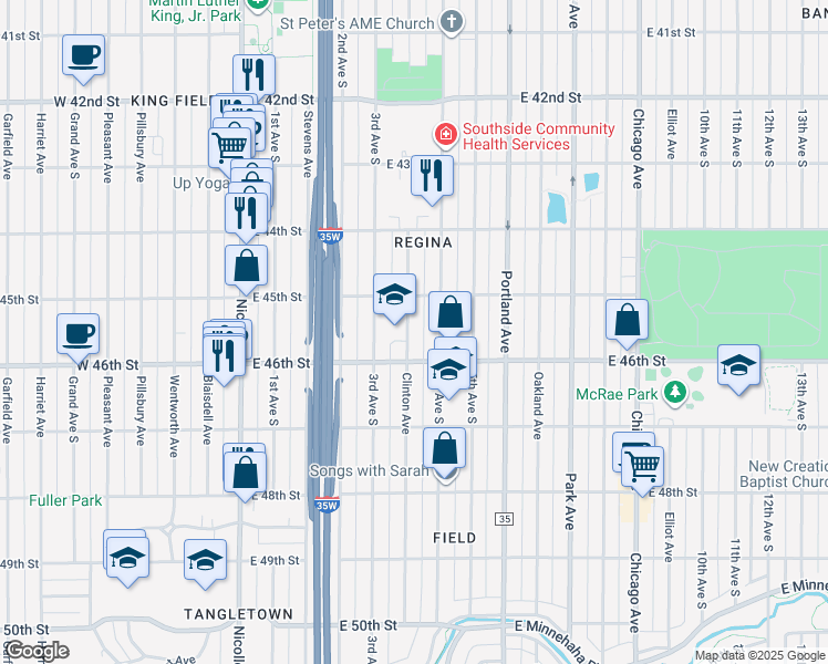 map of restaurants, bars, coffee shops, grocery stores, and more near 4533 Clinton Avenue in Minneapolis